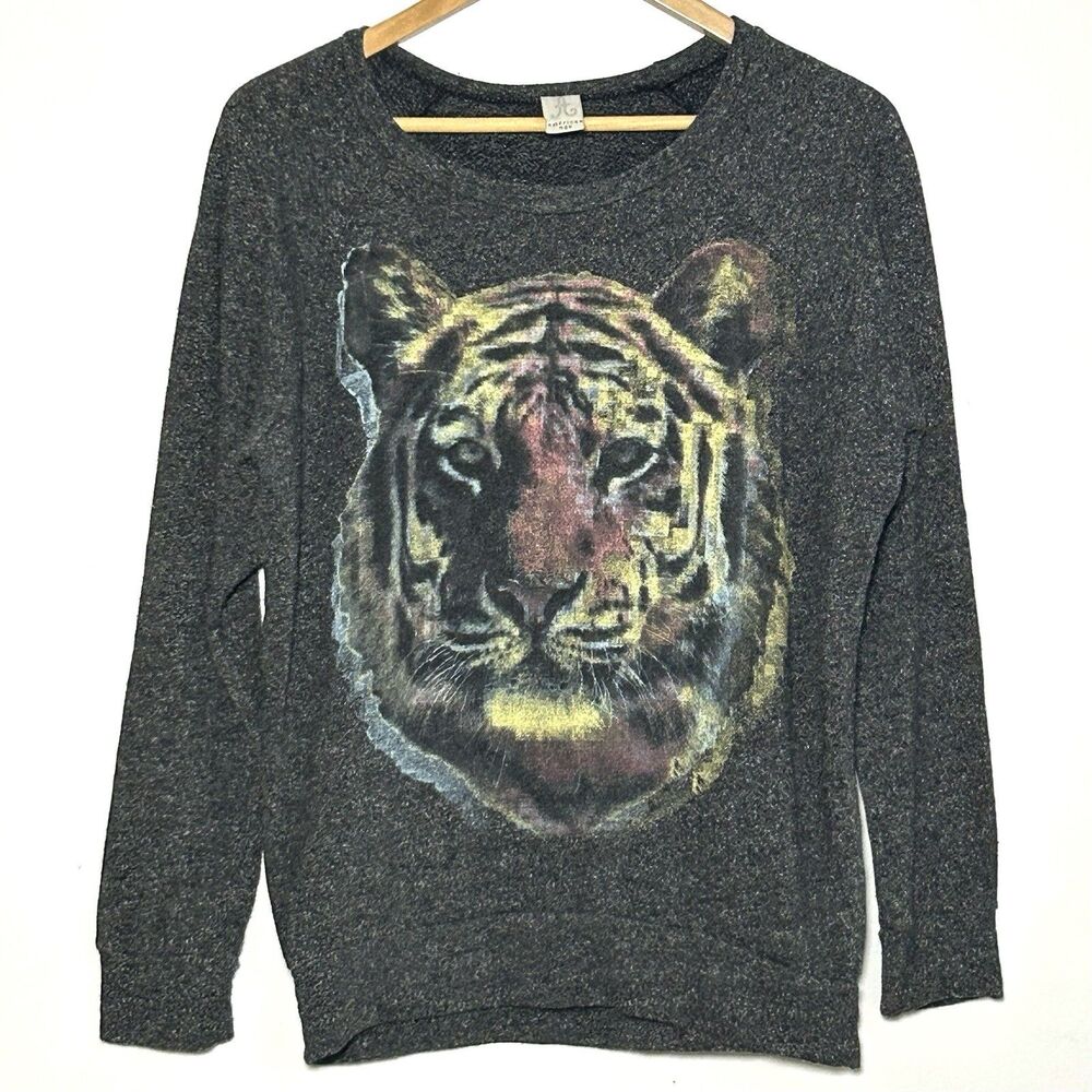 American Age Tiger Graphic Sweatshirt Women M Gray Animal Print Pullover